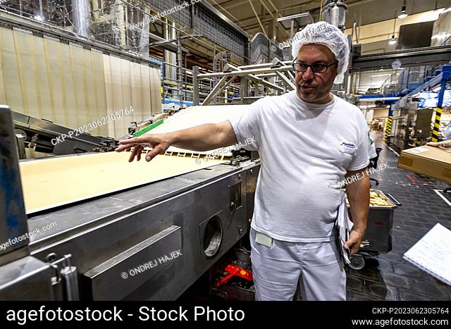 Mondelez International's wafer and biscuit production plant in Lovosice, Czech Republic, June 19, 2023. Employee Roman Kozak speaks about production of Crackers...