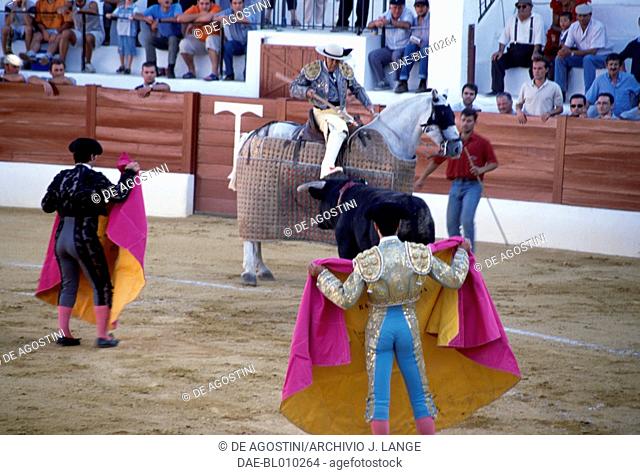 Picador (horseman) and bull in the arena, Aracena, Andalusia, Spain