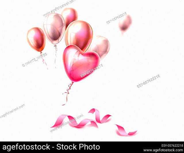 Valentines day, wedding or marriage background composition. Realistic heart shape balloons, silk elegant ribbons isolated. Spring holiday decoration
