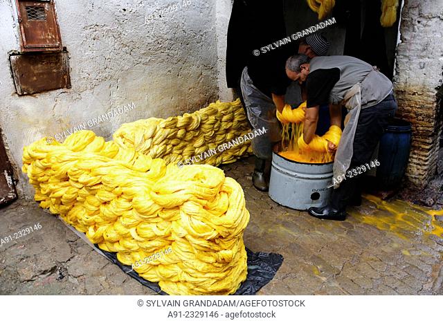 North Africa, Morocco, City of Fez (Fes), Medina, dyers quarter, dying yellow wool
