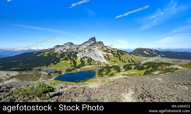 Blue lakes in front of Black Tusk volcanic mountain, Panorama Ridge, Garibaldi Provincial Park, British Columbia, Canada, North America