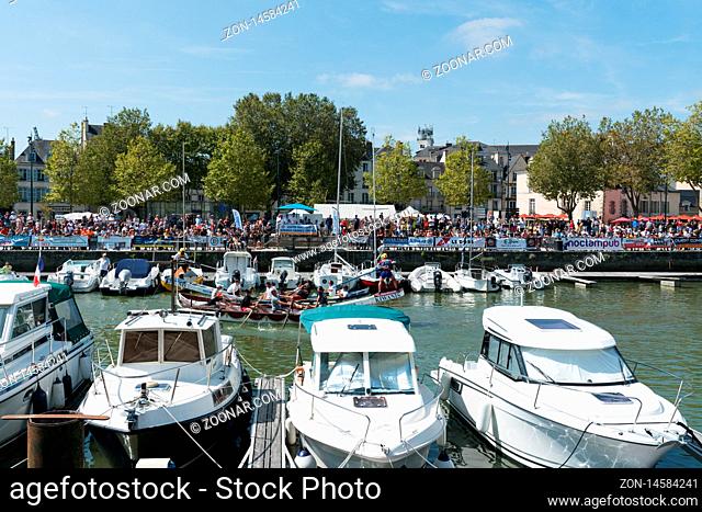 Vannes, Morbihan / France - 25 August, 2019: charity boat joust in the harbor of Vannes on the Gulf of Morbihan