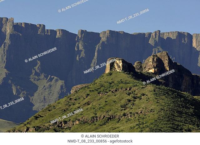 Rock formations on a landscape, Royal Natal National Park, North Drakensberg Mountain, Kwazulu-Natal, South Africa