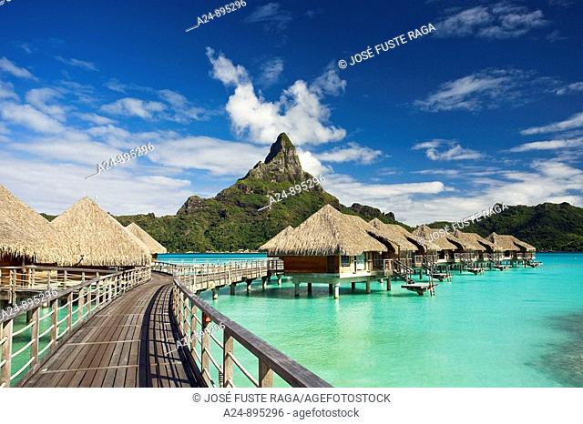 Huts, lagoon and Mount Pahia, Bora Bora island, Society Islands, French Polynesia (May 2009)