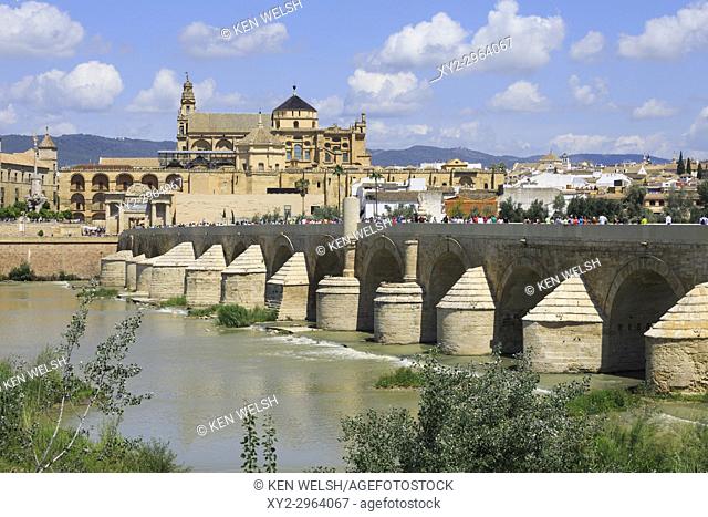 Cordoba, Cordoba Province, Andalusia, southern Spain. Roman bridge and the mosque, La Mezquita. The historic centre of Cordoba is a UNESCO World Heritage Site