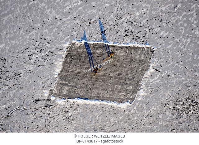 Aerial view, ice hockey field on a frozen pond at the Elbe River