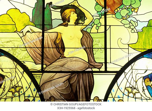 Art Nouveau stained-glass window, named La Lecture, by Henri Berge, Musee de l'Ecole de Nancy, Art Nouveau museum, Nancy, Meurthe-et-Moselle department