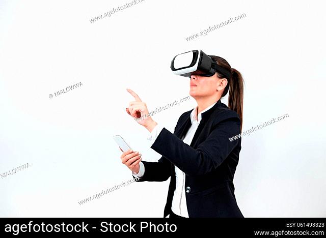 Woman Holding Mobile Phone, Wearing Vr Glasses And Pointing On New Idea