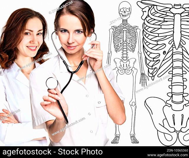 Medical doctor woman pointing on drawing human skeleton, isolated on white