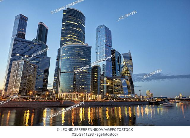 The Moscow International Business Centre (MIBC), also known as “Moscow City"", at dusk. Moscow, Russia