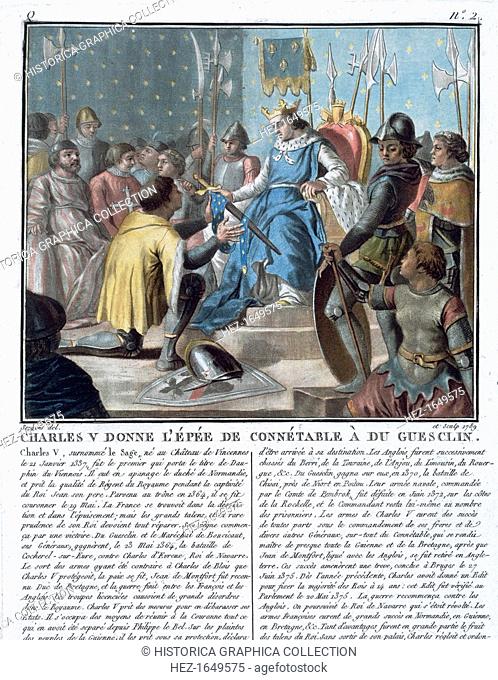 'Charles V Presents the Epee of the High Constable to Du Guesclin', 1370 (1789). Bertrand du Guesclin (c1320-1380) entered the service of Charles of Blois