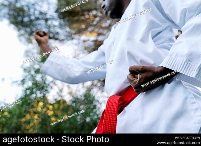 Mid section of male martial artist practicing outdoors
