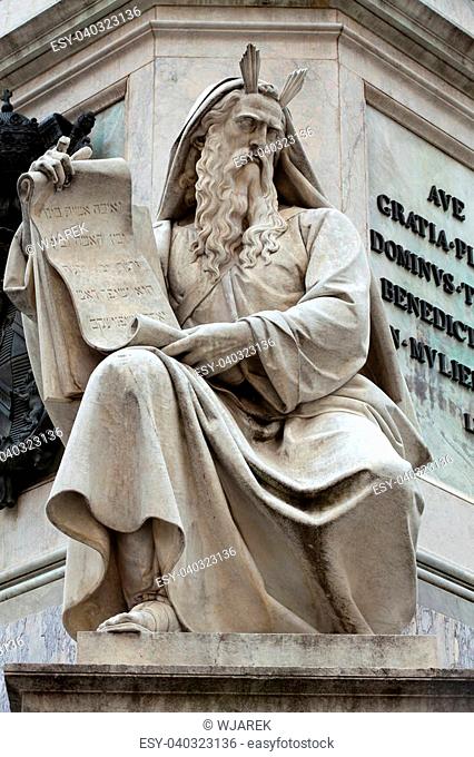 Prophetl Moses statue in Rome, Italy. Famous Spanish Square (Piazza di Spagna. Biblical Statues at Base of Colonna dell'Imacolata