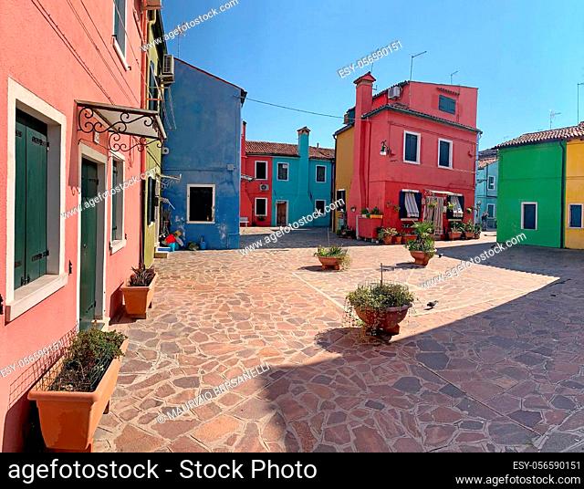 Brightly coloured houses at Burano, island in the Venetian Lagoon in northern Italy, Venice, Italy. Burano is a island near Torcello at the northern end of the...