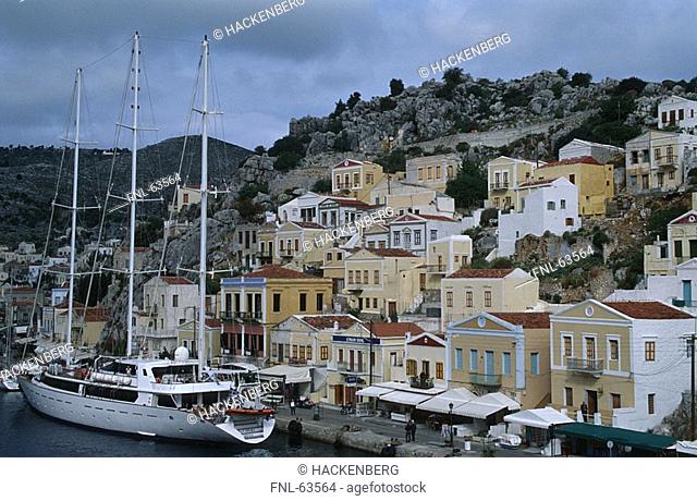 Sailboat moored at harbor, Dodecanese Islands, Greece