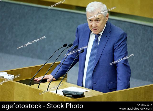 RUSSIA, MOSCOW - APRIL 20, 2023: Anatoly Aksakov, chairman of the Russian State Duma's Financial Market Committee, addresses a plenary meeting of the Russian...