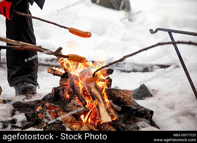 Sausages, stick, campfire, Finland, winter