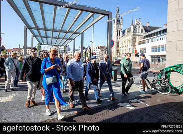 Tom Lanoye (C) arrives for the celebrations for the 65th birthday of writer Lanoye, Sunday 27 August 2023 in Sint-Niklaas