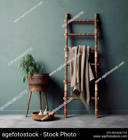 Wooden ladder and plant in pot on concrete floor