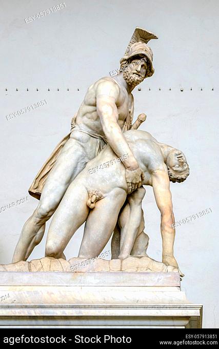 FLORENCE, TUSCANY/ITALY - OCTOBER 19 : Statue of Menelaus holding the body of Patroclus, Loggia dei Lanzi, Florence on October 19, 2019
