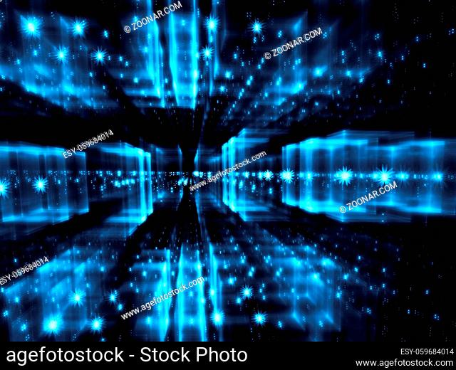Abstract blue fractal perspective blur in modern style. Deep glowing background. Computer-generated 3d illustration - glass blocks with bright stars