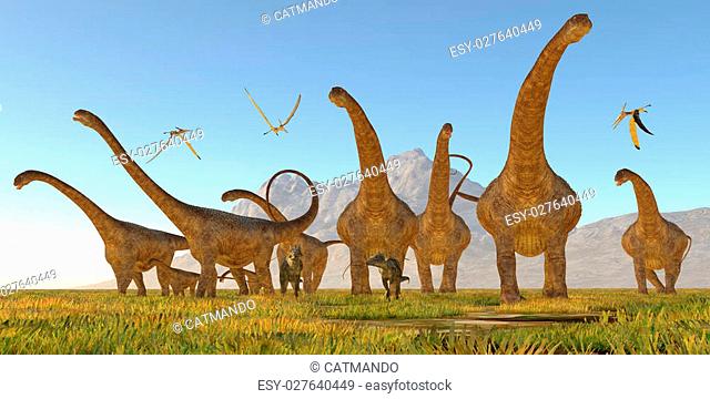 Two Dracorex walk with a herd of Malawisaurus dinosaurs for safety as a flock of Pteranodon reptiles fly over