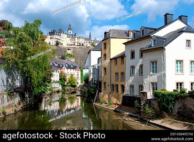 District Grund downtown Luxembourg city, Houses and trees along Alzette river