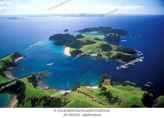Urupukapuka Island front and Waewaetore Island back Bay of Islands New Zealand