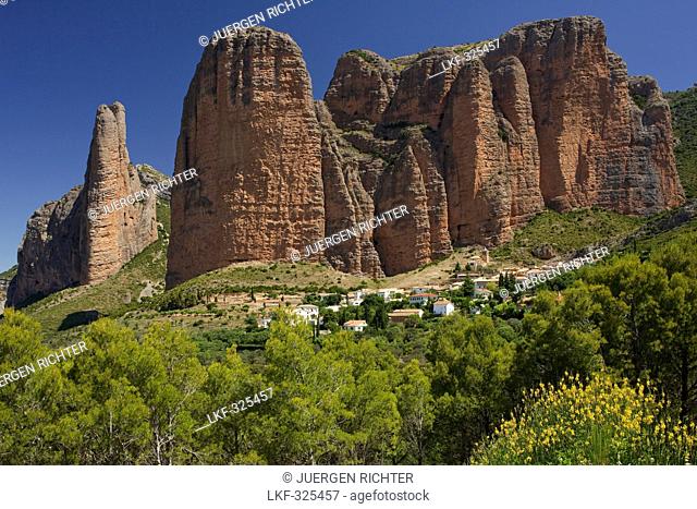 Rock formations in Los Mallos de Riglos, near Riglos, Rio Gallego, Camino Frances, Way of St. James, Camino de Santiago, pilgrims way, province of Huesca