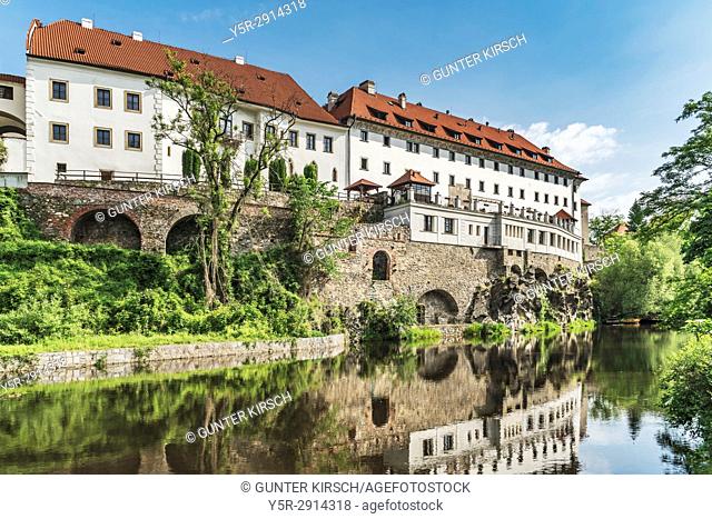 The building of the former Jesuit college is now the Hotel Ruze. On the left is the building of the Praelatur in the town Cesky Krumlov on the Vltava River in...