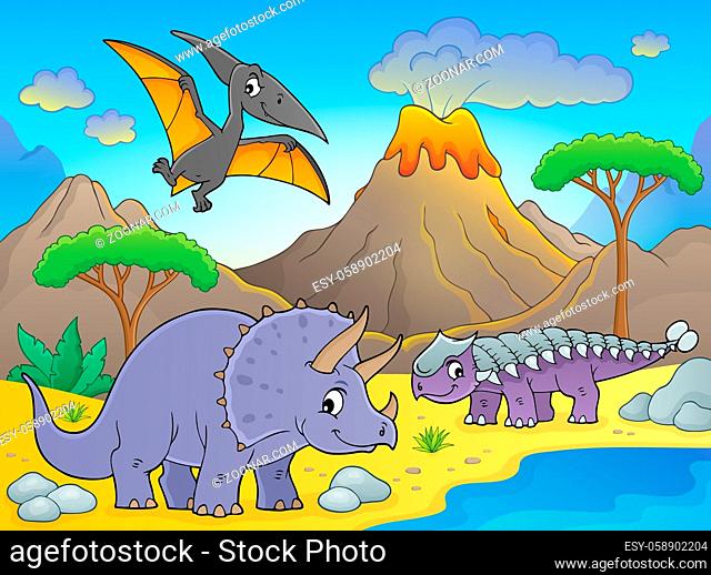 Dinosaurs near volcano image 1 - picture illustration