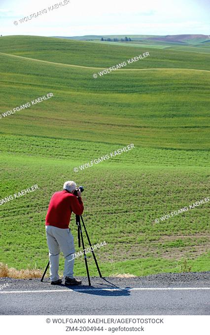 USA, WASHINGTON STATE, PALOUSE COUNTRY NEAR PULLMAN, VIEW OF ROLLING HILLS, FIELDS, MAN PHOTOGRAPHING