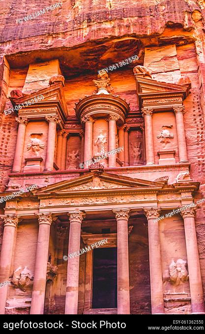 Rose Red Siq Petra Jordan Petra Jordan Built by Nabataens in 100 BC Yellow Treasury in Morning Becomes Rose Red in Afternoon when sun goes down