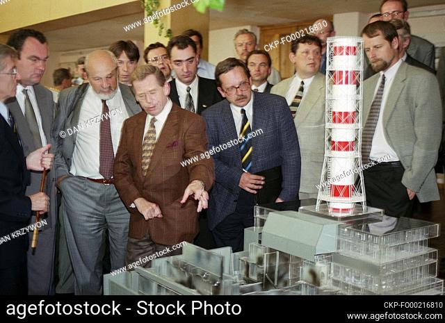Czech President Vaclav Havel, centre in brown suit, with a company watch the model of the Chernobyl Nuclear Power Plant in a visitor centre in Chernobyl