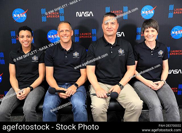 From left, NASA astronauts Jessica Watkins, Bob Hines, and Kjell Lindgren, and ESA (European Space Agency) astronaut Samantha Cristoforetti smile during NASA’s...