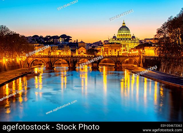 Night view of St. Peter's Basilica in Vatican