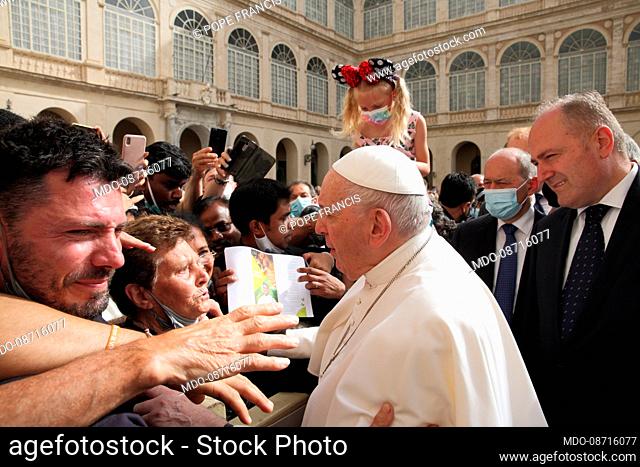 General audience of Pope Francis in the Cortile San Damaso. Present an elderly woman from Palestrina, 95 years old. Vatican City, June 23rd, 2021