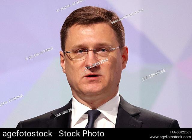RUSSIA, MINERALNYE VODY - MAY 3, 2023: Russia's Deputy Prime Minister Alexander Novak addresses the opening ceremony of the Caucasus Investment Exhibition at...