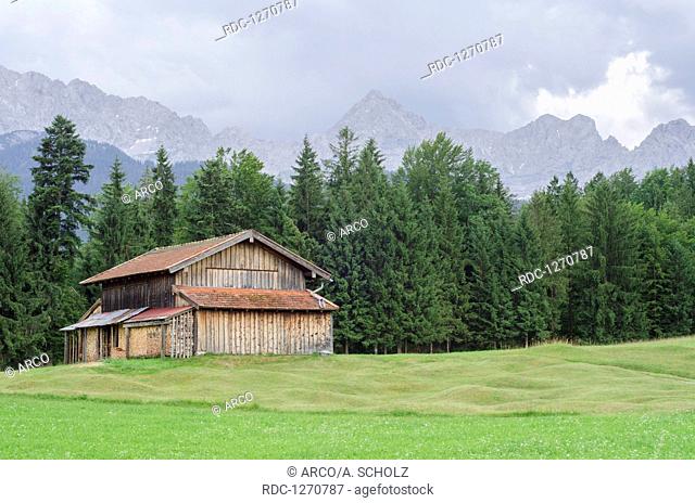 Characteristic hillside meadows, Werdenfelser Land, Alps, Upper Bavaria, Garmisch-Partenkirchen, Karwendel mountains, Kruen, Mittenwald, Germany, Krün, Krun