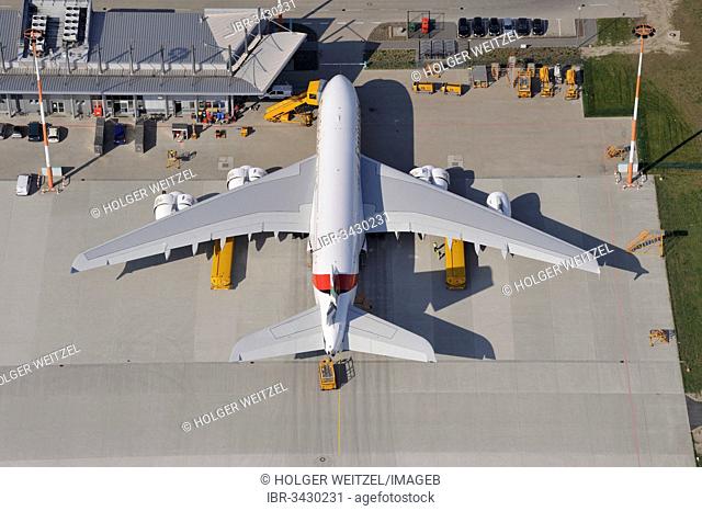 Aerial view, Airbus A380 being prepared for delivery at the factory airfield of Finkenwerder