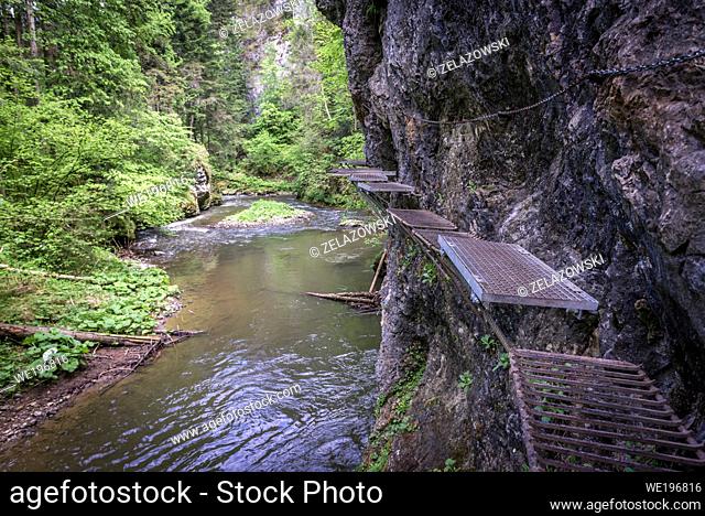 Iron steps and chains on the hiking trail called Prielom Hornadu, along canyon of Hornad River in Slovak Paradise National Park, Slovakia