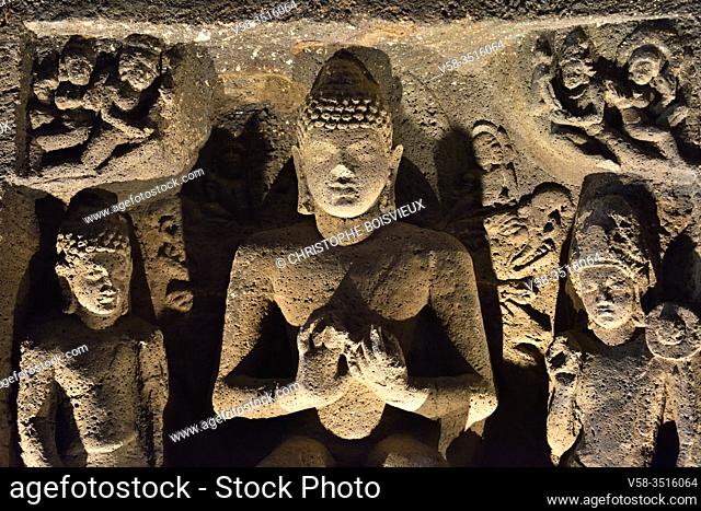 India, Maharashtra, World Heritage Site, Ajanta, Cave 26 (5th C), Buddha with Dharmachakra Mudra