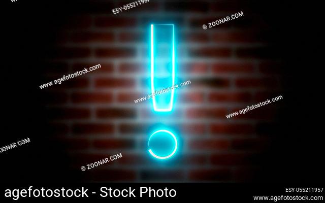 Exclamation mark neon sign on a backdrop of brickwork, computer generated. 3d rendering of wireframe symbol with glowing laser light