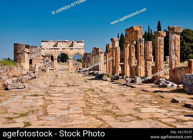 Main street with Frontinus Gate or Nothern Gate in Greek Hierapolis Pamukkale Archeological Site, Pamukkale, Denizli, Turkey|main street with Frontinus Gate or...