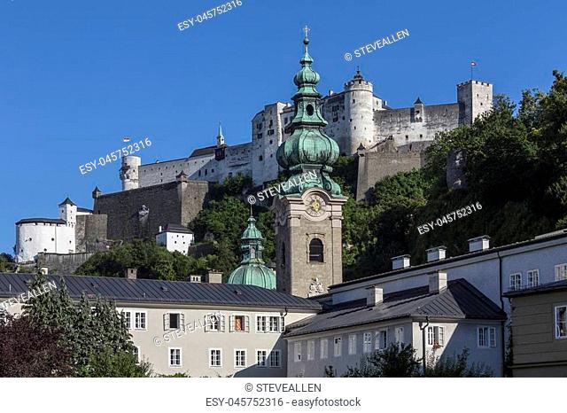 Hohensalzburg Castle above the city of Salzburg in Austria. Salzburg is the fourth-largest city in Austria. The Old Town (Altstadt) has one of the...