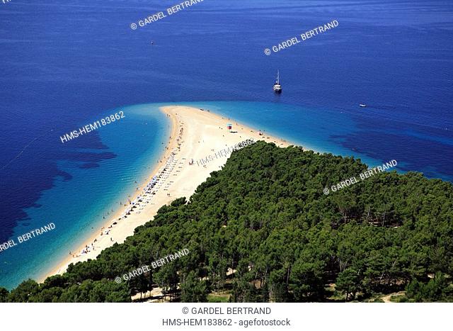 Croatia, Dalmatia, Dalmatian coast, Brac Island, Bol village, Zlatni Rat beach aerial view