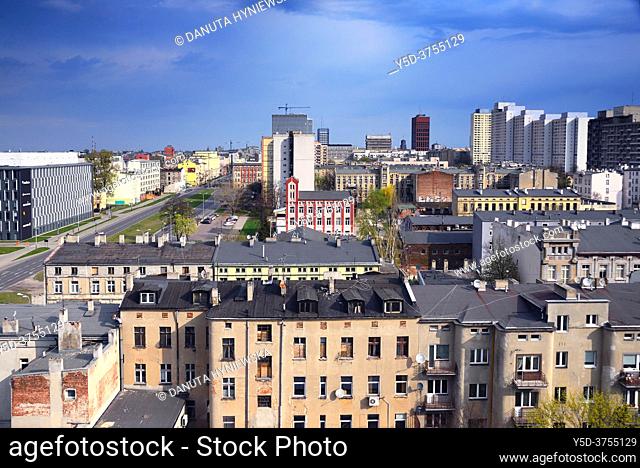 Panoramic view of city center of Lodz, in front historic tenement buidings, on left Kosciuszki street on right buildings along Piotrkowska street and Lodzki...
