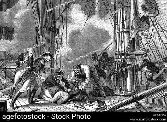 Death of Admiral Horatio Nelson, 1st Viscount Nelson. 1758-1805. HMS Victory 21 October 1805. Cape Trafalgar, Spain. Antique illustration. 1890