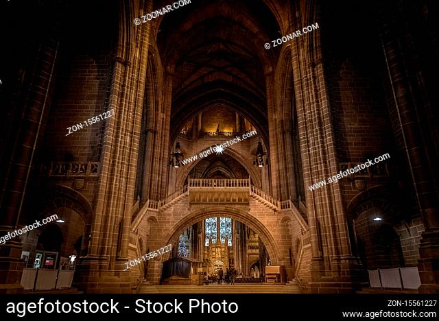 LIVERPOOL, ENGLAND, DECEMBER 27, 2018: Magnificent huge entrance hall of the Church of England Anglican Cathedral of the Diocese of Liverpool