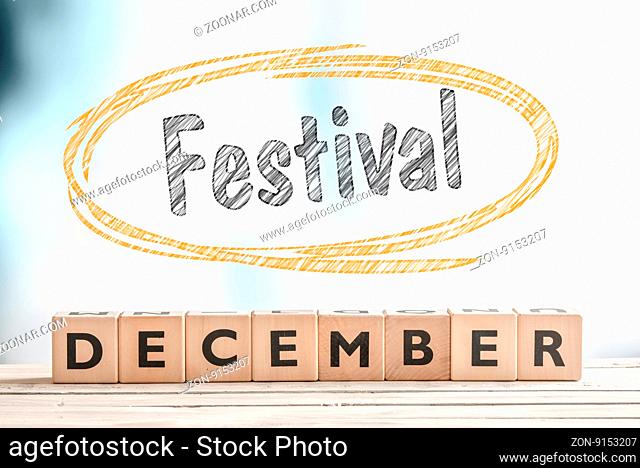 December festival sign on a stage made of wood